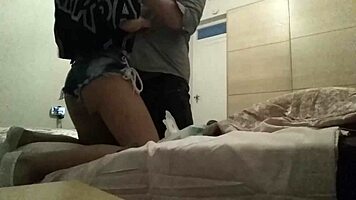 Tiny cute blonde in hot pants sucks and fucks guy with petite ass riding ponytail blowjob cowgirl