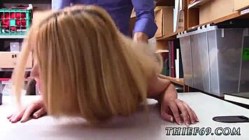 Fake cop threesome at work, petite blonde teen strips and rips clothes