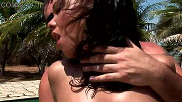 two slutty teen 18+ girls get bent over in the pool, riding cocks and sucking while fingering anals