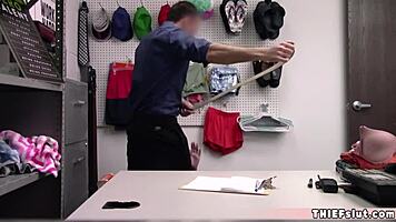 petite red-haired shoplifter teen 18+ bent over for burglar's spooning fuck in the shop