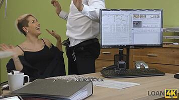 Cute blonde teen's office blowjob arrangement with big natural tits and pussy