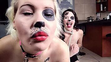 Two puppy slaves drool with tongues out for fetish play
