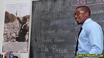 teen student in uniform meets black teacher for interracial discussion