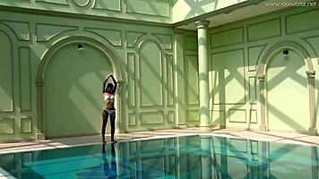 stefanie moon and vyvan hill splashing underwater in pool