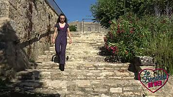 Young student Amandine heads outdoors looking for a naughty fuck with her small tits on display