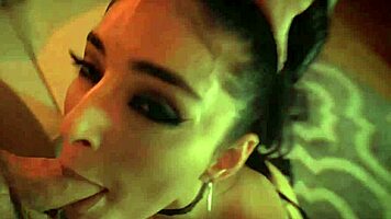 In the red room, emily willis rides a big cock, deepthroats it, masturbates her petite body, and gets bent over for a cumshot on her tits.