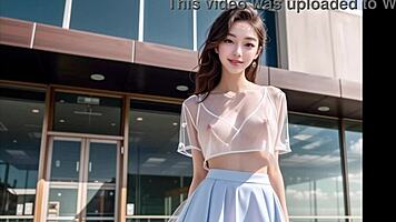 Sexy asian cheerleader teases with transparent cloth outdoors