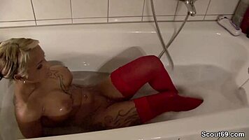 In the steamy bathtub, a german teen in stockings delivers a deepthroat blowjob to her pov partner, ending with a facial cumshot.