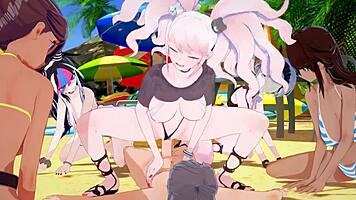 Danganronpa Girls Ride In Intense Reverse Gangbang Cumshot