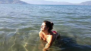 Spied Tanned Teen 18+ with Big Tits Gets Touched and Cum on Face at Beach
