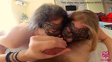 Polyamory video with teen 18+ wife giving double blowjob on new camera