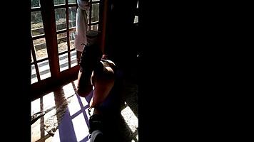 naughty teen training naked at window, stripping and flashing neighbor 😏