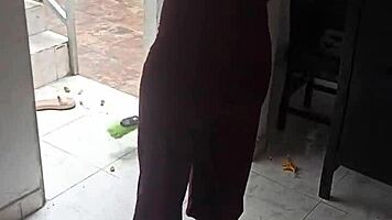 Colombian girlfriend laughs while giving blowjob during house cleaning