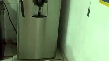 Colombian girlfriend laughs while giving blowjob during house cleaning