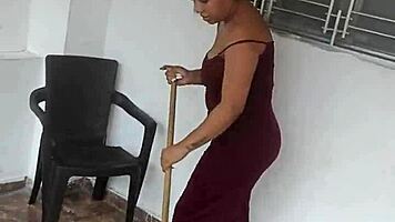 Colombian girlfriend laughs while giving blowjob during house cleaning