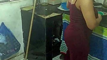 Colombian girlfriend laughs while giving blowjob during house cleaning