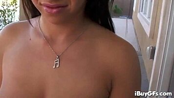 Busty brunette teen sucks hard cock while masturbating outdoors
