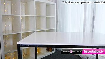 Skinny blonde Roxy fucks dildo intensely at office desk