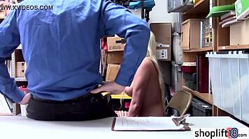 Blonde teen with BIG TITS gets BUSTED by policeman. BENT OVER for BLOWJOB at work.