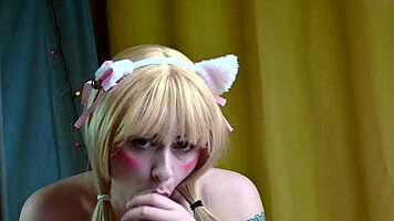 cute blonde maid gives homemade blowjob in cosplay