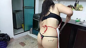 Let my roomie out for a hot fuck in the kitchen and all her cum in my big ass - part 1