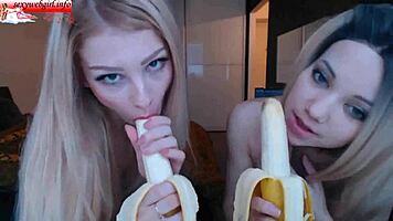 Two Brunette Babes Suck Bananas On Webcam