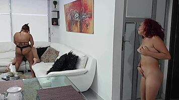 bony gets horny watching stepsisters fuck in living room with strapon dildo
