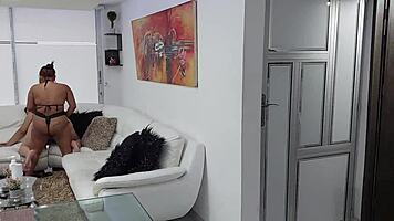 bony gets horny watching stepsisters fuck in living room with strapon dildo