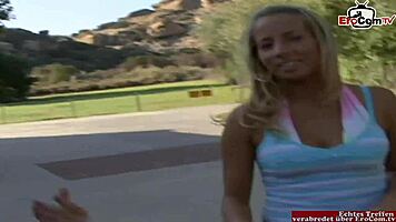 Blonde teen 18+ meets inked lesbian for dildo fun in double play