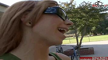 Blonde teen 18+ meets inked lesbian for dildo fun in double play