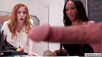 Two teachers team up to fuck the petite coed.