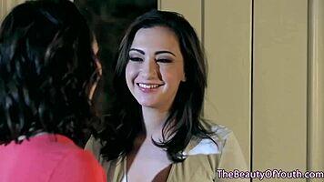 Petite lesbian teens intensely scissoring their wet pussies in college dorm.