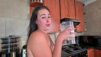 Sloppy blowjob deepthroat leads to swallowing pee and fruit shake with small tits in pov close-up