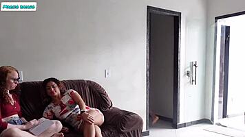 Young girl studies at friend's, ends up banged by whole family. Dad and son pound her mouth and slit!