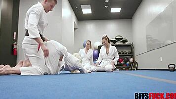 Teen brunette rides and cums in gangbang foursome