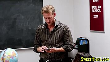 Uniformed teen in glasses gives blowjob and receives facial cumshot in college hardcore