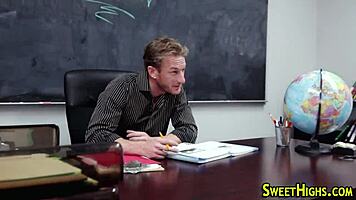 Uniformed teen in glasses gives blowjob and receives facial cumshot in college hardcore