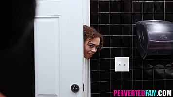 Step siblings fuck in public toilet, almost caught! 😏