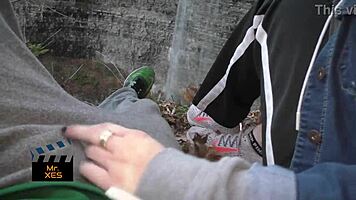 blonde gives outdoor blowjob at waterfall, almost caught