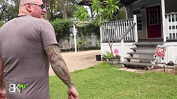 Stepson Sgt Miles Feels Shocked Catching Stepmom Kymber Leigh Sucking Cock by Pool, Then Misty Meaner Rides Him Passionately