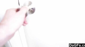 blonde gets horny at office, bends over for blowjob.