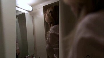 Blonde teen amateur washes and masturbates pussy in steamy shower