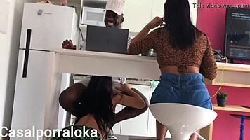 Wife Sucks Husband In Kitchen While Friend Distracts Him With Oral And Masturbation