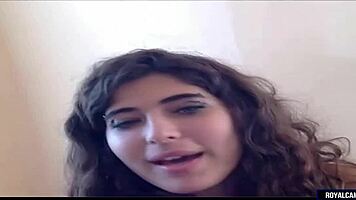 Natural hairy teen fingering her big tits on webcam