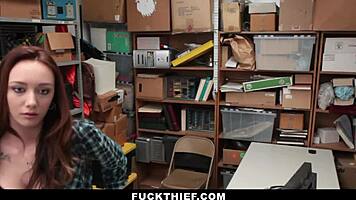 teen redhead caught stealing underwear in garage, gives blowjob and doggystyle