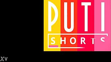 cute european blondie in booty shorts having fun