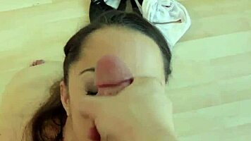 brunette teen 18+ sucking big cock gets cum on face in high definition