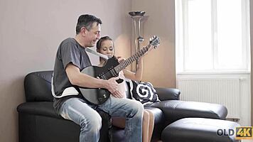 hey, old guitarist, let’s bang with this cute euro brunette on sofa