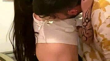 punk asian brunette gets wild with muscular latina in steamy kitchen hookup.