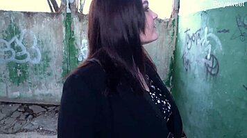 why is this blogger girl sucking a guy in a deserted place? and he cums on her face!